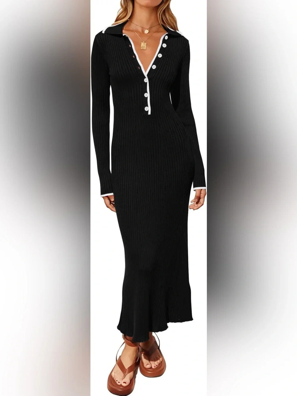 Black Long-Sleeve Ribbed Polo Maxi Dress with Contrast Trim